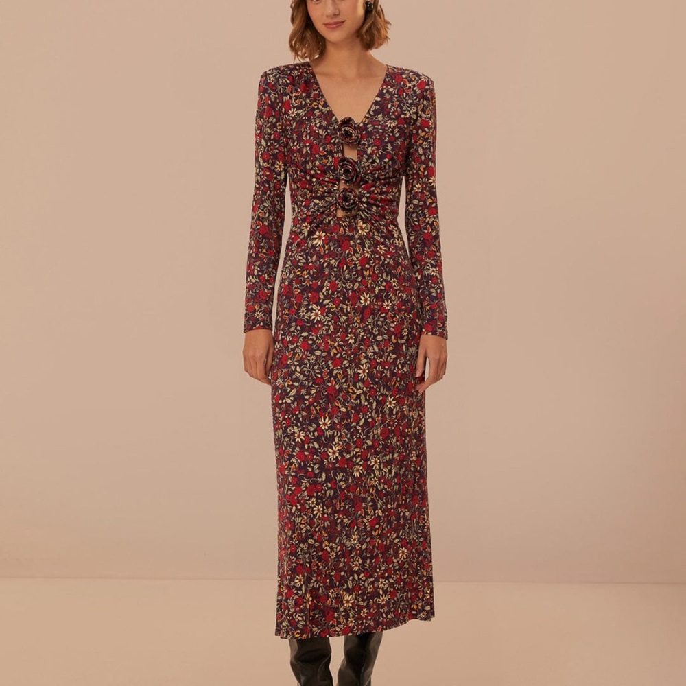 NWT FARM Rio Red and Burgundy Sheath Dress Long Sleeve V-Neck